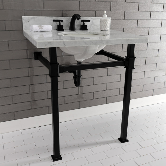 Kingston Sona KVPB30MOQ0 - Monarch 30-Inch Carrara Marble Console Sink with Stainless Steel Legs (8-Inch, 3-Hole), Carrara Marble White/Matte Black