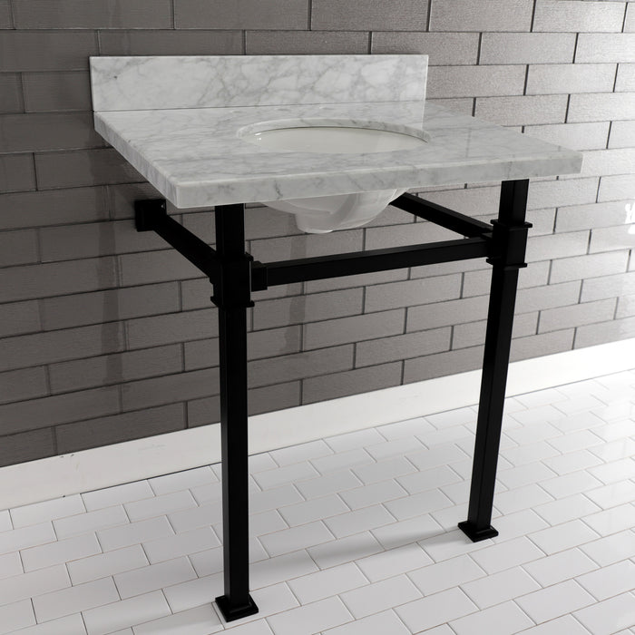 Kingston Sona KVPB30MOQ0 - Monarch 30-Inch Carrara Marble Console Sink with Stainless Steel Legs (8-Inch, 3-Hole), Carrara Marble White/Matte Black