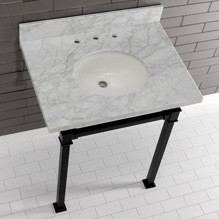 Kingston Sona KVPB30MOQ0 - Monarch 30-Inch Carrara Marble Console Sink with Stainless Steel Legs (8-Inch, 3-Hole), Carrara Marble White/Matte Black