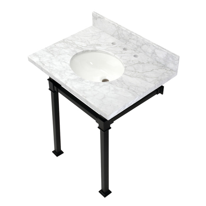 Kingston Sona KVPB30MOQ0 - Monarch 30-Inch Carrara Marble Console Sink with Stainless Steel Legs (8-Inch, 3-Hole), Carrara Marble White/Matte Black