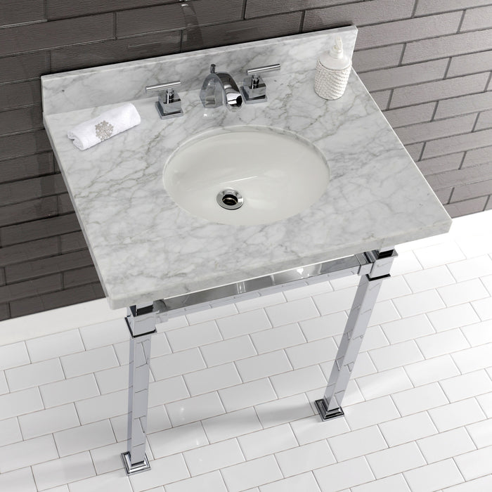 Kingston Sona KVPB30MOQ1 - Monarch 30-Inch Carrara Marble Console Sink with Stainless Steel Legs (8-Inch, 3-Hole), Carrara Marble White/Polished Chrome