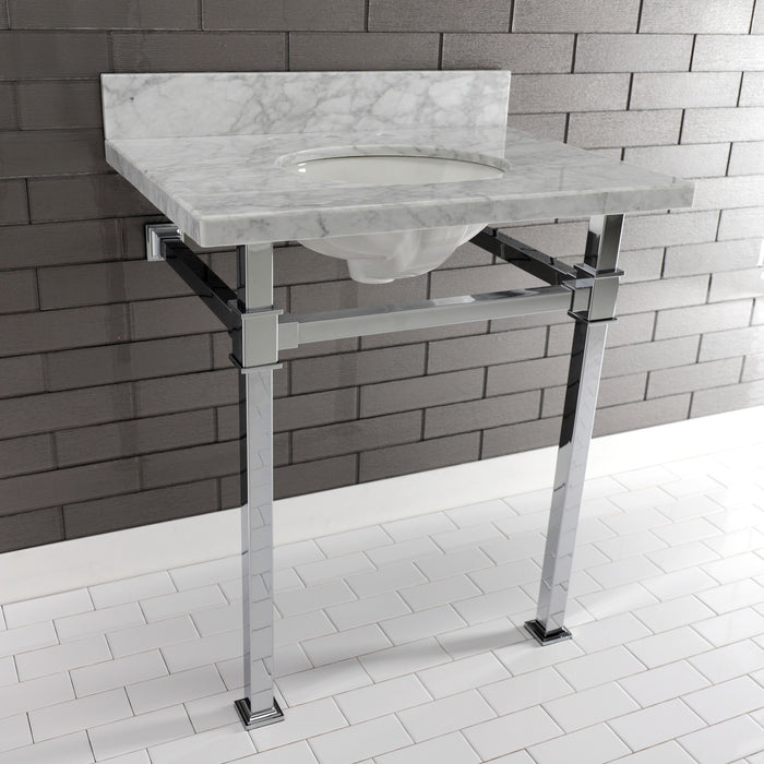 Kingston Sona KVPB30MOQ1 - Monarch 30-Inch Carrara Marble Console Sink with Stainless Steel Legs (8-Inch, 3-Hole), Carrara Marble White/Polished Chrome
