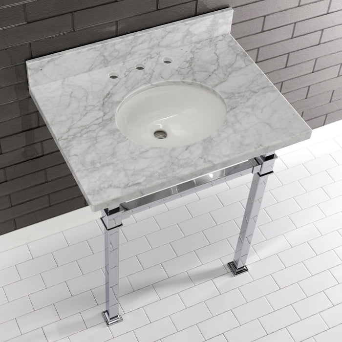 Kingston Sona KVPB30MOQ1 - Monarch 30-Inch Carrara Marble Console Sink with Stainless Steel Legs (8-Inch, 3-Hole), Carrara Marble White/Polished Chrome