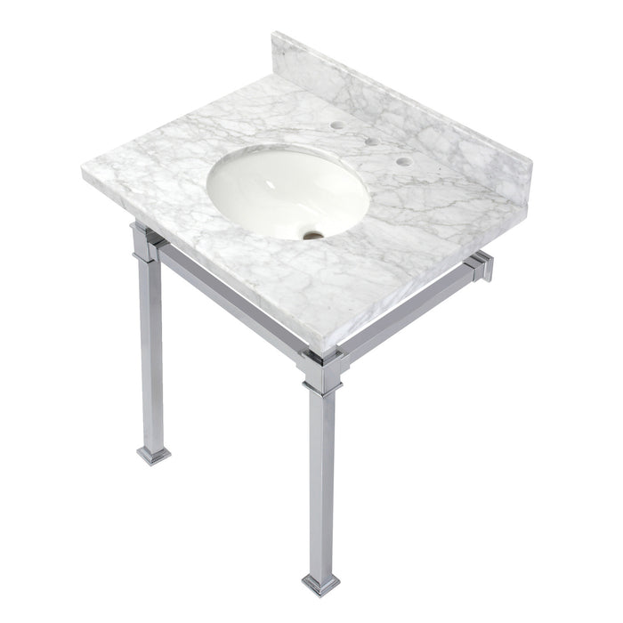 Kingston Sona KVPB30MOQ1 - Monarch 30-Inch Carrara Marble Console Sink with Stainless Steel Legs (8-Inch, 3-Hole), Carrara Marble White/Polished Chrome