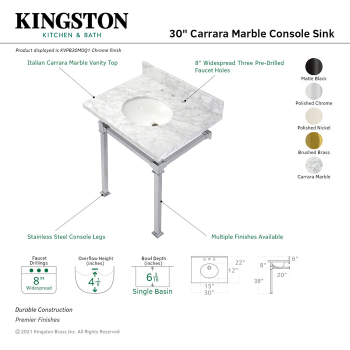 Kingston Sona KVPB30MOQ6 - Monarch 30-Inch Carrara Marble Console Sink with Stainless Steel Legs (8-Inch, 3-Hole), Carrara Marble White/Polished Nickel
