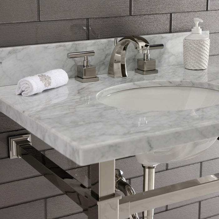 Kingston Sona KVPB30MOQ6 - Monarch 30-Inch Carrara Marble Console Sink with Stainless Steel Legs (8-Inch, 3-Hole), Carrara Marble White/Polished Nickel