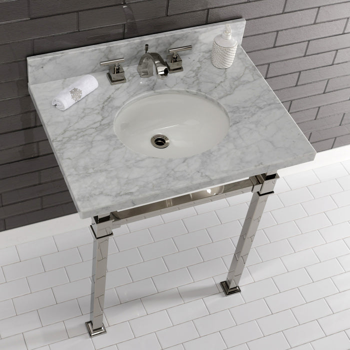 Kingston Sona KVPB30MOQ6 - Monarch 30-Inch Carrara Marble Console Sink with Stainless Steel Legs (8-Inch, 3-Hole), Carrara Marble White/Polished Nickel