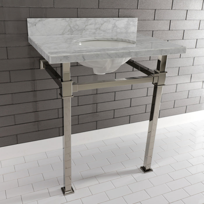 Kingston Sona KVPB30MOQ6 - Monarch 30-Inch Carrara Marble Console Sink with Stainless Steel Legs (8-Inch, 3-Hole), Carrara Marble White/Polished Nickel