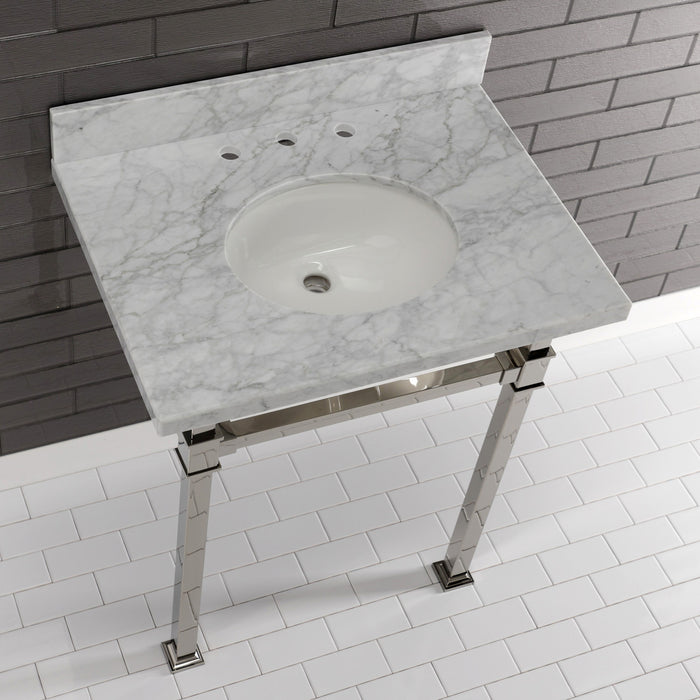 Kingston Sona KVPB30MOQ6 - Monarch 30-Inch Carrara Marble Console Sink with Stainless Steel Legs (8-Inch, 3-Hole), Carrara Marble White/Polished Nickel