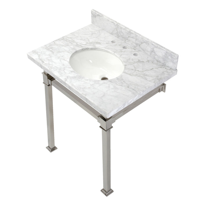 Kingston Sona KVPB30MOQ6 - Monarch 30-Inch Carrara Marble Console Sink with Stainless Steel Legs (8-Inch, 3-Hole), Carrara Marble White/Polished Nickel