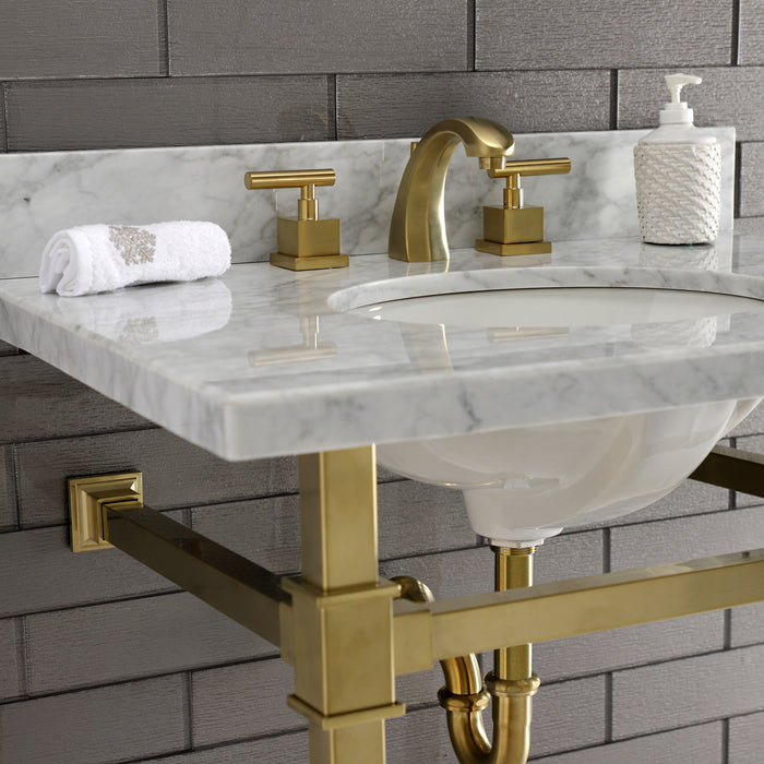 Kingston Sona KVPB30MOQ7 - Monarch 30-Inch Carrara Marble Console Sink with Stainless Steel Legs (8-Inch, 3-Hole), Carrara Marble White/Brushed Brass