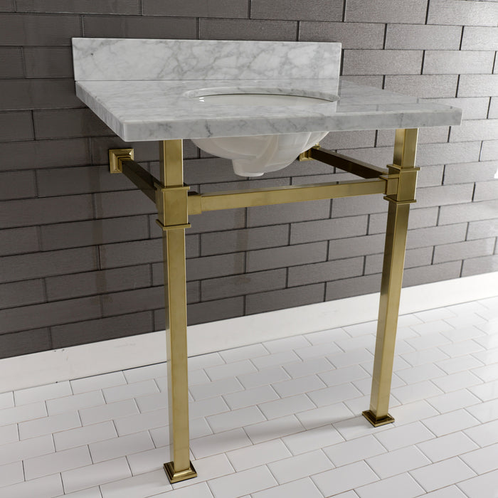 Kingston Sona KVPB30MOQ7 - Monarch 30-Inch Carrara Marble Console Sink with Stainless Steel Legs (8-Inch, 3-Hole), Carrara Marble White/Brushed Brass