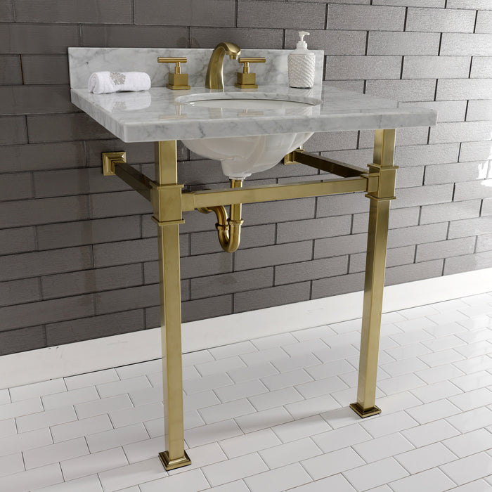 Kingston Sona KVPB30MOQ7 - Monarch 30-Inch Carrara Marble Console Sink with Stainless Steel Legs (8-Inch, 3-Hole), Carrara Marble White/Brushed Brass