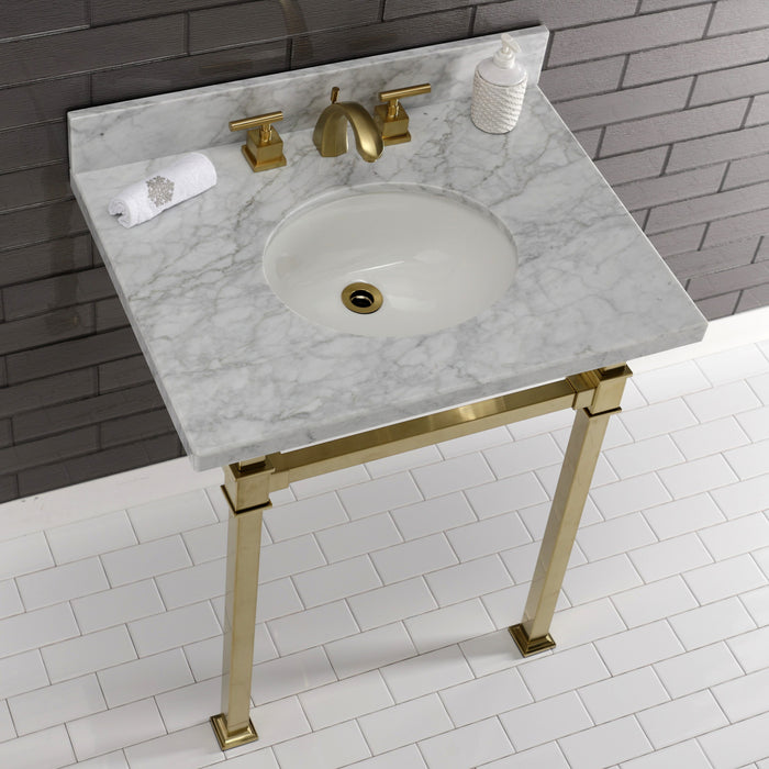 Kingston Sona KVPB30MOQ7 - Monarch 30-Inch Carrara Marble Console Sink with Stainless Steel Legs (8-Inch, 3-Hole), Carrara Marble White/Brushed Brass
