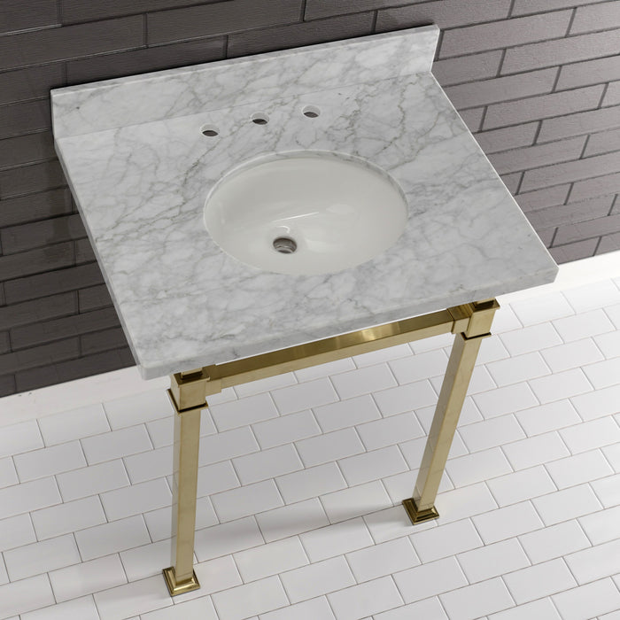 Kingston Sona KVPB30MOQ7 - Monarch 30-Inch Carrara Marble Console Sink with Stainless Steel Legs (8-Inch, 3-Hole), Carrara Marble White/Brushed Brass