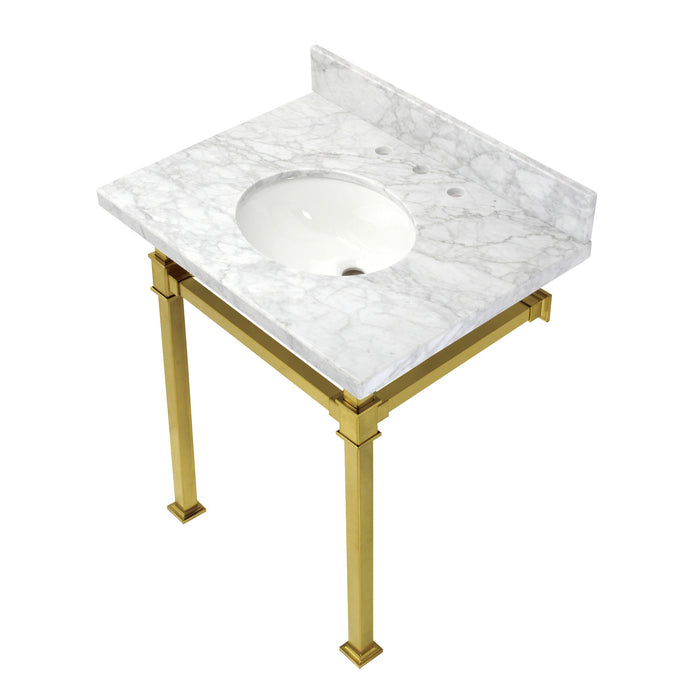 Kingston Sona KVPB30MOQ7 - Monarch 30-Inch Carrara Marble Console Sink with Stainless Steel Legs (8-Inch, 3-Hole), Carrara Marble White/Brushed Brass