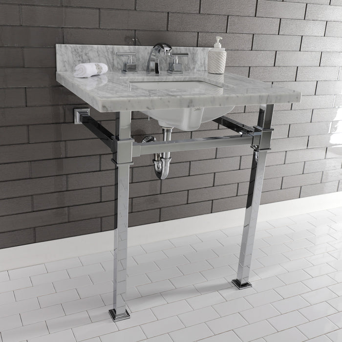 Kingston Sona KVPB30MSQ1 - Monarch 30-Inch Carrara Marble Console Sink with Stainless Steel Legs (8-Inch, 3-Hole), Carrara Marble White/Polished Chrome