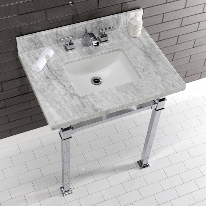 Kingston Sona KVPB30MSQ1 - Monarch 30-Inch Carrara Marble Console Sink with Stainless Steel Legs (8-Inch, 3-Hole), Carrara Marble White/Polished Chrome