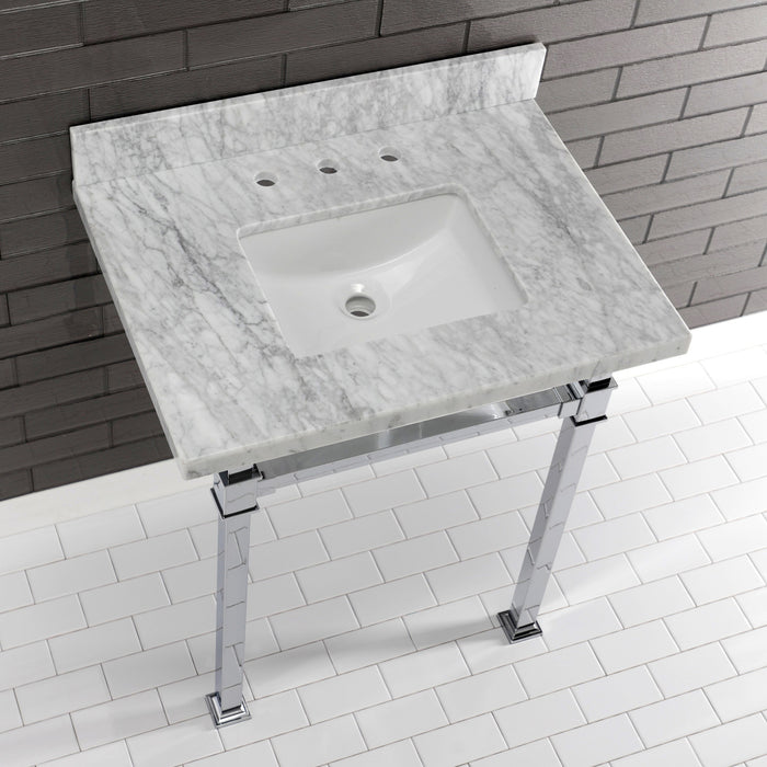 Kingston Sona KVPB30MSQ1 - Monarch 30-Inch Carrara Marble Console Sink with Stainless Steel Legs (8-Inch, 3-Hole), Carrara Marble White/Polished Chrome