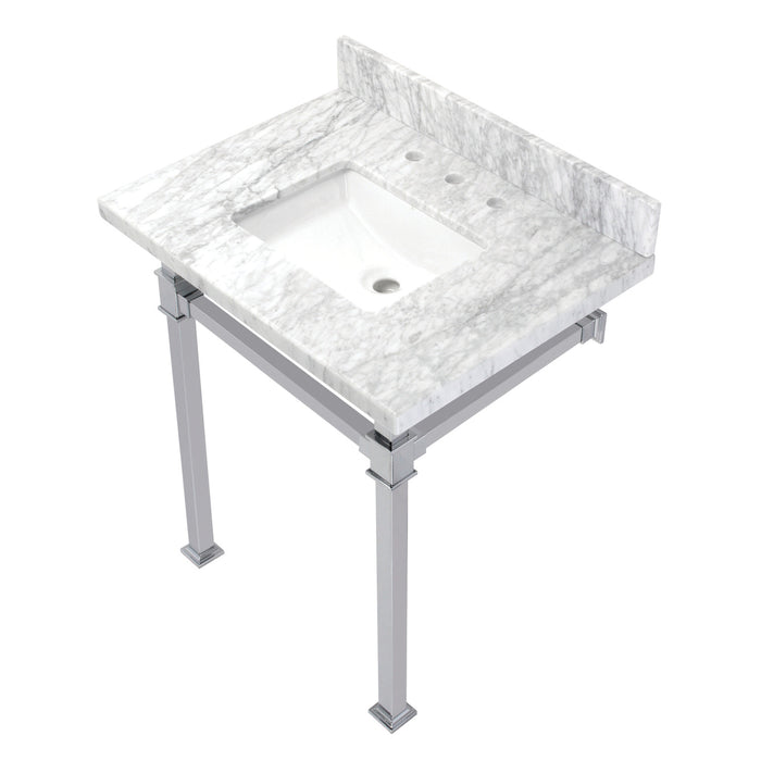 Kingston Sona KVPB30MSQ1 - Monarch 30-Inch Carrara Marble Console Sink with Stainless Steel Legs (8-Inch, 3-Hole), Carrara Marble White/Polished Chrome