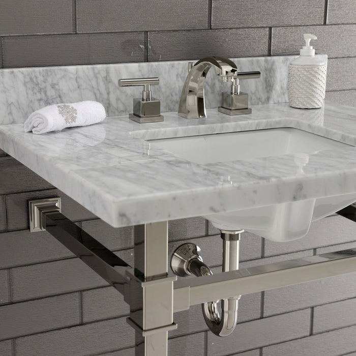Kingston Sona KVPB30MSQ6 - Monarch 30-Inch Carrara Marble Console Sink with Stainless Steel Legs (8-Inch, 3-Hole), Carrara Marble White/Polished Nickel