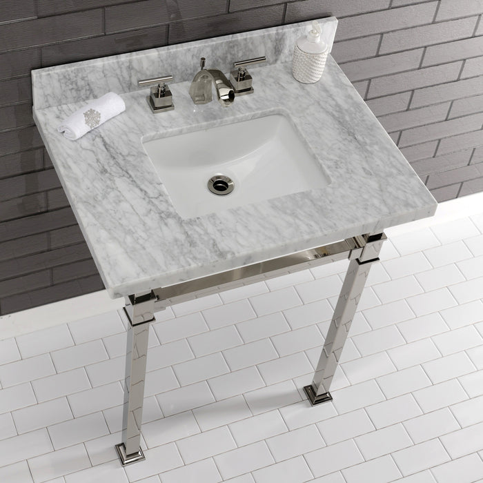 Kingston Sona KVPB30MSQ6 - Monarch 30-Inch Carrara Marble Console Sink with Stainless Steel Legs (8-Inch, 3-Hole), Carrara Marble White/Polished Nickel