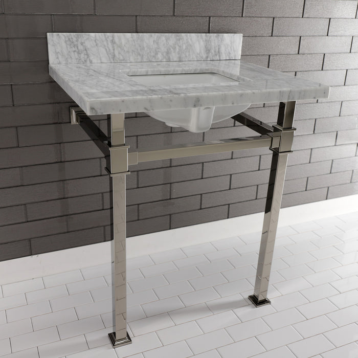 Kingston Sona KVPB30MSQ6 - Monarch 30-Inch Carrara Marble Console Sink with Stainless Steel Legs (8-Inch, 3-Hole), Carrara Marble White/Polished Nickel