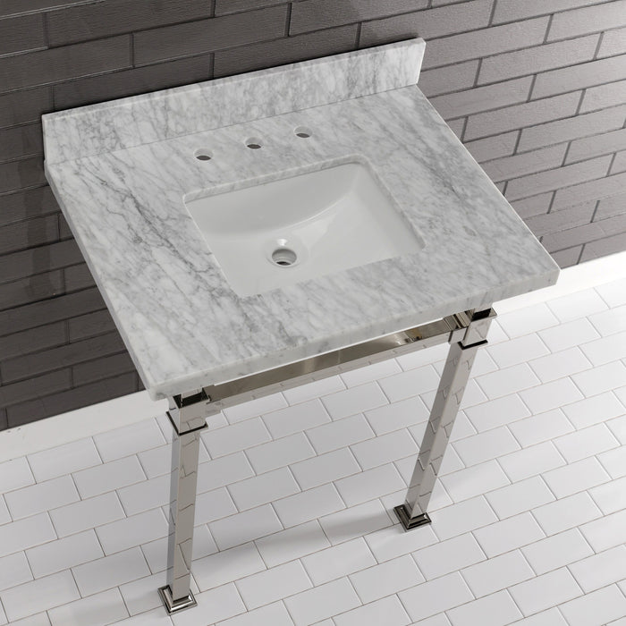 Kingston Sona KVPB30MSQ6 - Monarch 30-Inch Carrara Marble Console Sink with Stainless Steel Legs (8-Inch, 3-Hole), Carrara Marble White/Polished Nickel