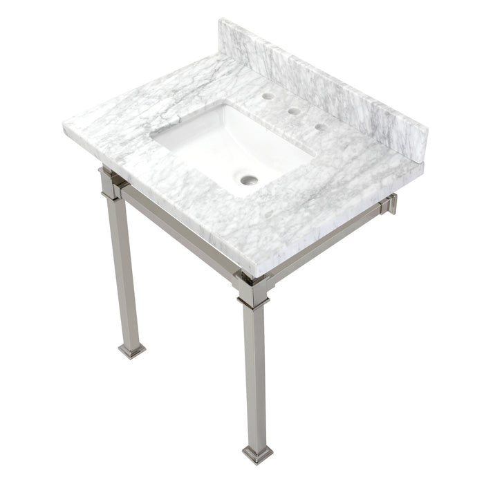 Kingston Sona KVPB30MSQ6 - Monarch 30-Inch Carrara Marble Console Sink with Stainless Steel Legs (8-Inch, 3-Hole), Carrara Marble White/Polished Nickel