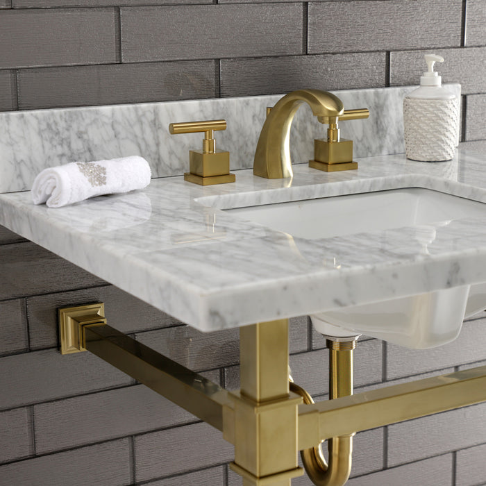 Kingston Sona KVPB30MSQ7 - Monarch 30-Inch Carrara Marble Console Sink with Stainless Steel Legs (8-Inch, 3-Hole), Carrara Marble White/Brushed Brass