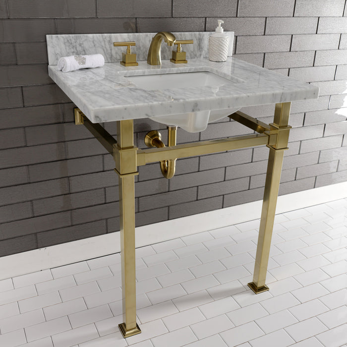 Kingston Sona KVPB30MSQ7 - Monarch 30-Inch Carrara Marble Console Sink with Stainless Steel Legs (8-Inch, 3-Hole), Carrara Marble White/Brushed Brass