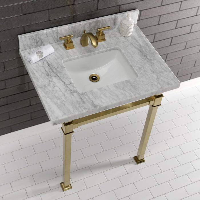 Kingston Sona KVPB30MSQ7 - Monarch 30-Inch Carrara Marble Console Sink with Stainless Steel Legs (8-Inch, 3-Hole), Carrara Marble White/Brushed Brass