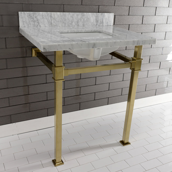 Kingston Sona KVPB30MSQ7 - Monarch 30-Inch Carrara Marble Console Sink with Stainless Steel Legs (8-Inch, 3-Hole), Carrara Marble White/Brushed Brass