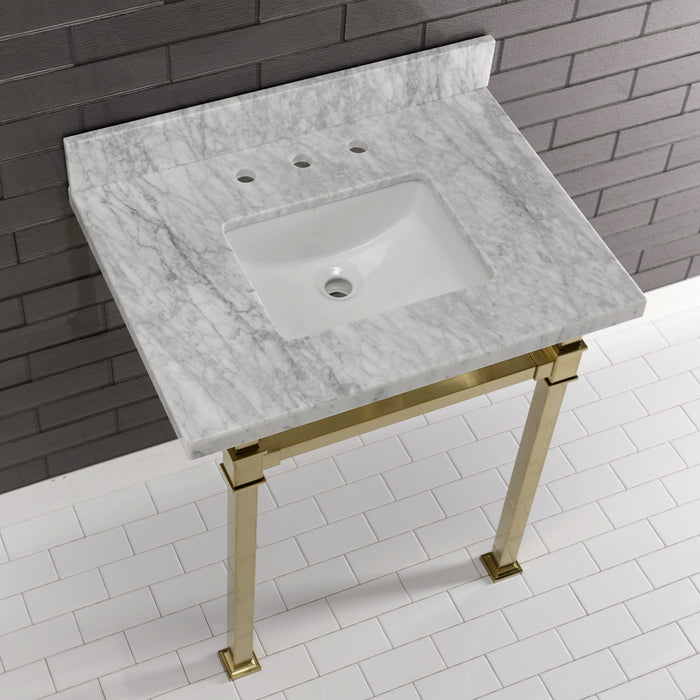 Kingston Sona KVPB30MSQ7 - Monarch 30-Inch Carrara Marble Console Sink with Stainless Steel Legs (8-Inch, 3-Hole), Carrara Marble White/Brushed Brass
