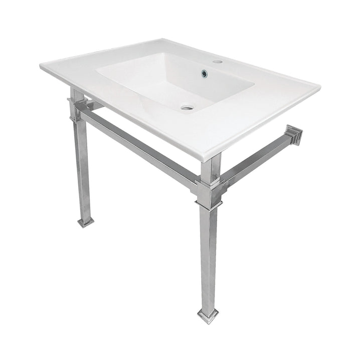 Kingston Sona KVPB31221Q1 - Monarch 31-Inch Ceramic Console Sink with Stainless Steel Legs (1-Hole), White/Polished Chrome