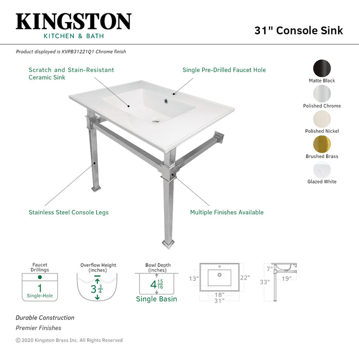 Kingston Sona KVPB31221Q6 - Monarch 31-Inch Ceramic Console Sink with Stainless Steel Legs (1-Hole), White/Polished Nickel