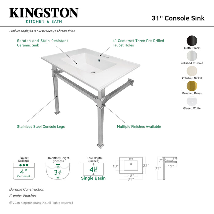 Kingston Sona KVPB31224Q6 - Monarch 31-Inch Ceramic Console Sink with Stainless Steel Legs (4-Inch, 3-Hole), White/Polished Nickel