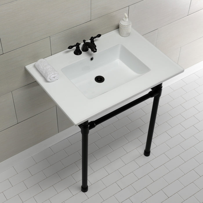 Kingston Tulare KVPB31227W40 - Dreyfuss 31-Inch Ceramic Console Sink with Stainless Steel Legs (4-Inch, 3-Hole), White/Matte Black