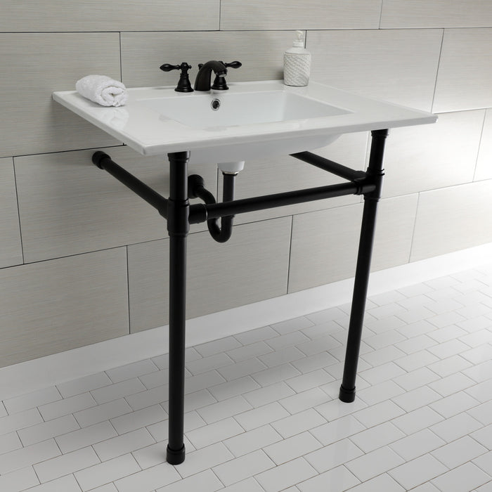 Kingston Tulare KVPB31227W40 - Dreyfuss 31-Inch Ceramic Console Sink with Stainless Steel Legs (4-Inch, 3-Hole), White/Matte Black