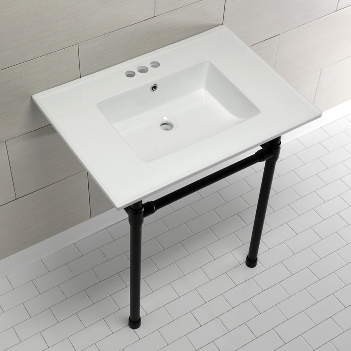 Kingston Tulare KVPB31227W40 - Dreyfuss 31-Inch Ceramic Console Sink with Stainless Steel Legs (4-Inch, 3-Hole), White/Matte Black