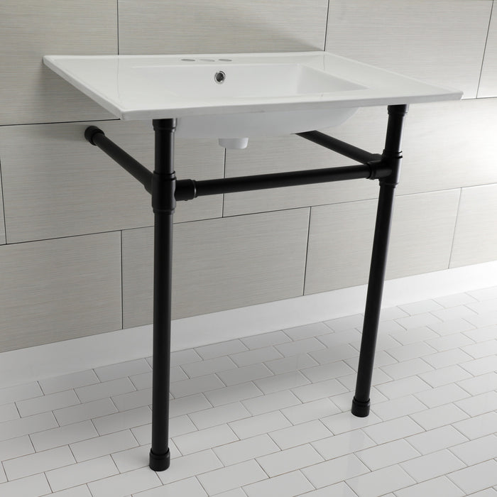 Kingston Tulare KVPB31227W40 - Dreyfuss 31-Inch Ceramic Console Sink with Stainless Steel Legs (4-Inch, 3-Hole), White/Matte Black