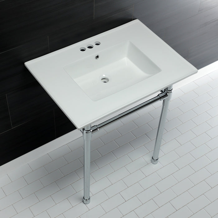 Kingston Tulare KVPB31227W41 - Dreyfuss 31-Inch Ceramic Console Sink with Stainless Steel Legs (4-Inch, 3-Hole), White/Polished Chrome