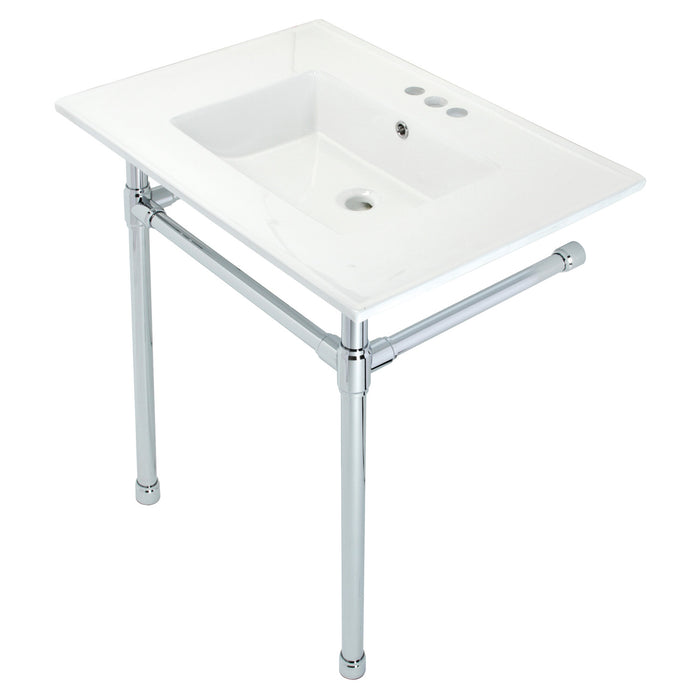 Kingston Tulare KVPB31227W41 - Dreyfuss 31-Inch Ceramic Console Sink with Stainless Steel Legs (4-Inch, 3-Hole), White/Polished Chrome