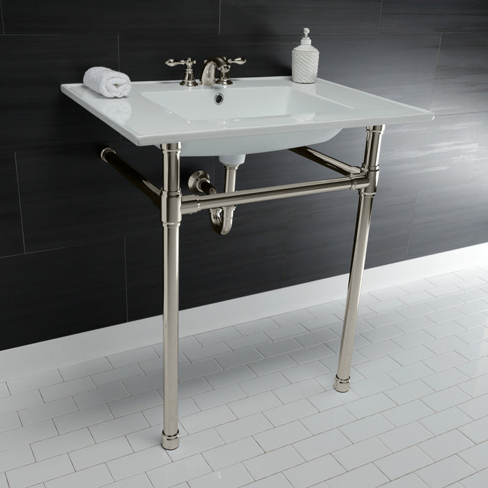 Kingston Tulare KVPB31227W46 - Dreyfuss 31-Inch Ceramic Console Sink with Stainless Steel Legs (4-Inch, 3-Hole), White/Polished Nickel