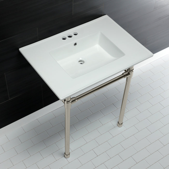 Kingston Tulare KVPB31227W46 - Dreyfuss 31-Inch Ceramic Console Sink with Stainless Steel Legs (4-Inch, 3-Hole), White/Polished Nickel
