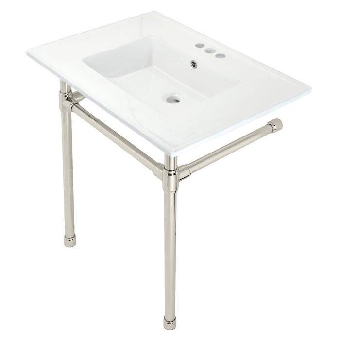 Kingston Tulare KVPB31227W46 - Dreyfuss 31-Inch Ceramic Console Sink with Stainless Steel Legs (4-Inch, 3-Hole), White/Polished Nickel