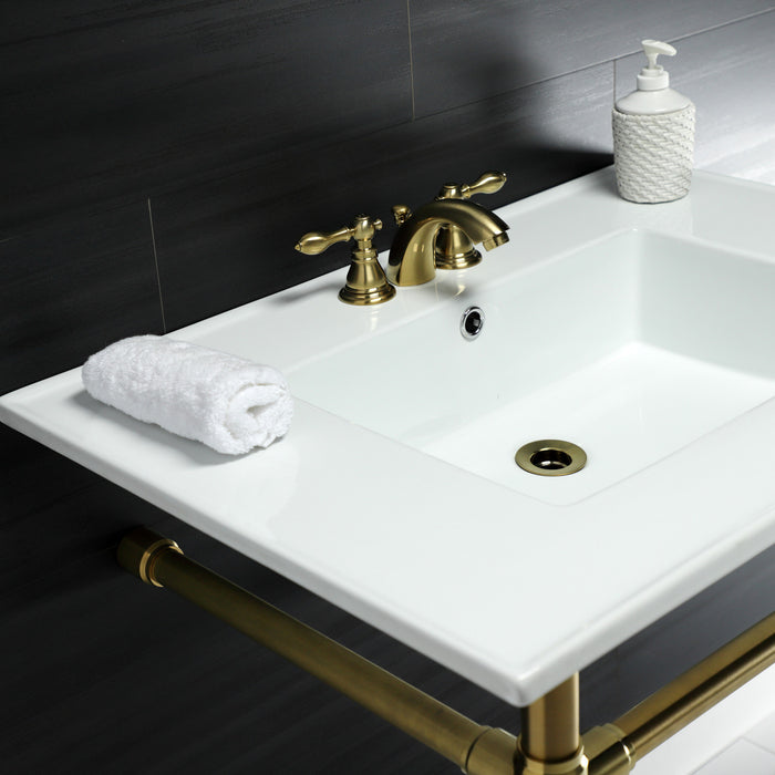 Kingston Tulare KVPB31227W47 - Dreyfuss 31-Inch Ceramic Console Sink with Stainless Steel Legs (4-Inch, 3-Hole), White/Brushed Brass