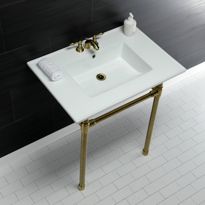 Kingston Tulare KVPB31227W47 - Dreyfuss 31-Inch Ceramic Console Sink with Stainless Steel Legs (4-Inch, 3-Hole), White/Brushed Brass