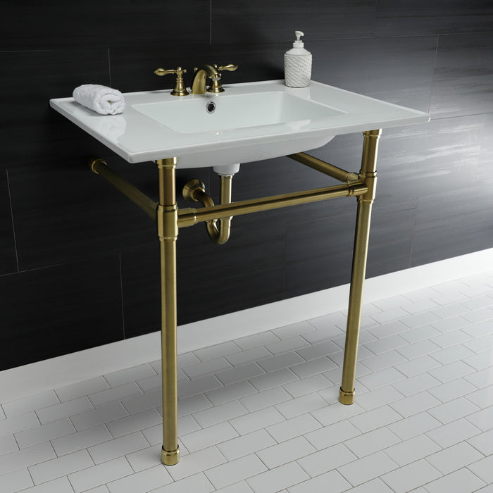 Kingston Tulare KVPB31227W47 - Dreyfuss 31-Inch Ceramic Console Sink with Stainless Steel Legs (4-Inch, 3-Hole), White/Brushed Brass