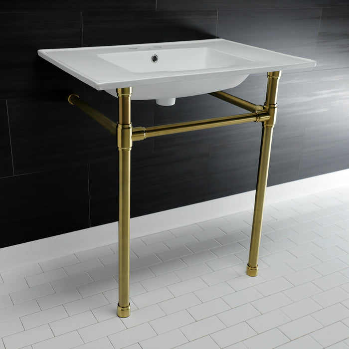 Kingston Tulare KVPB31227W47 - Dreyfuss 31-Inch Ceramic Console Sink with Stainless Steel Legs (4-Inch, 3-Hole), White/Brushed Brass
